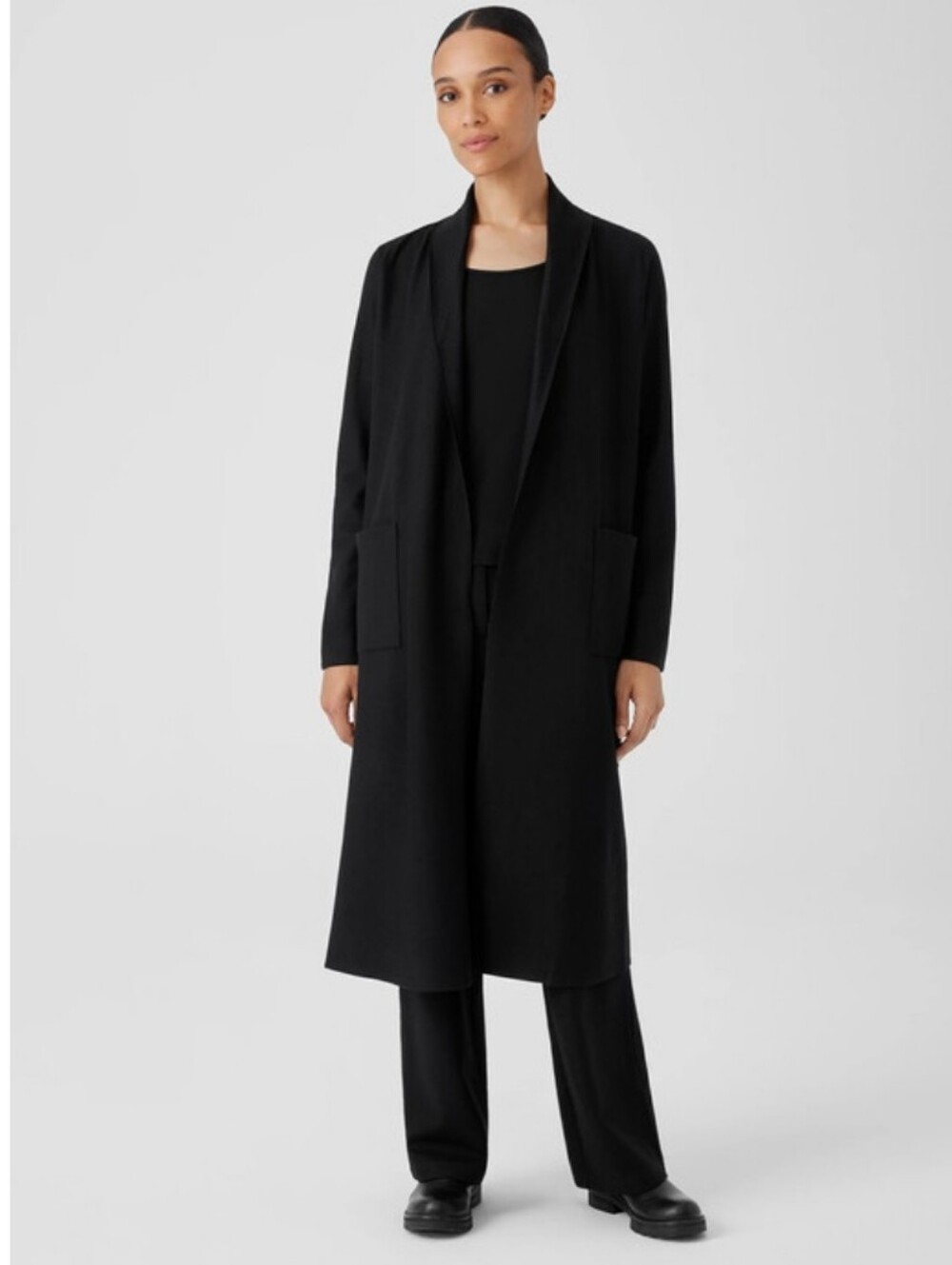 Eileen Fisher black boiled wool elegant long lightweight coat